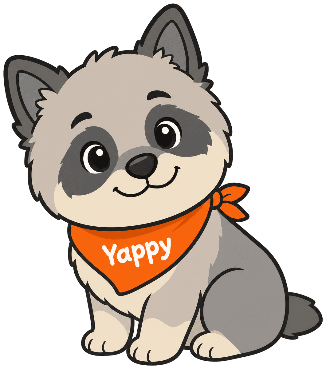 Yappy, the YapMates mascot — a smiling Keeshond puppy with an orange bandana